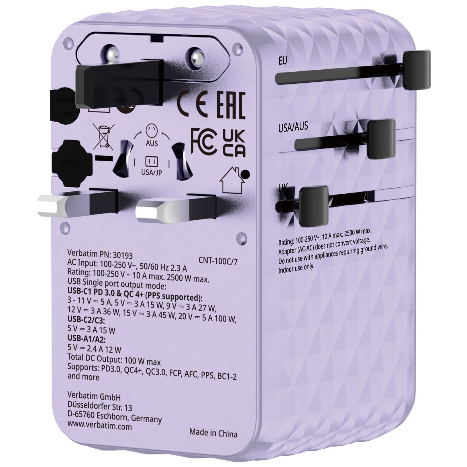 Verbatim Charger Travel Adapter 100W 2xC 2xA 1xRetractable USB-C Purple