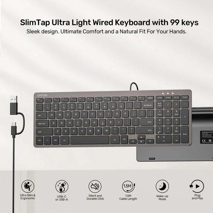 Unitek Keyboard Wired 99K USB-C/A English SlimTap T053 Space Grey