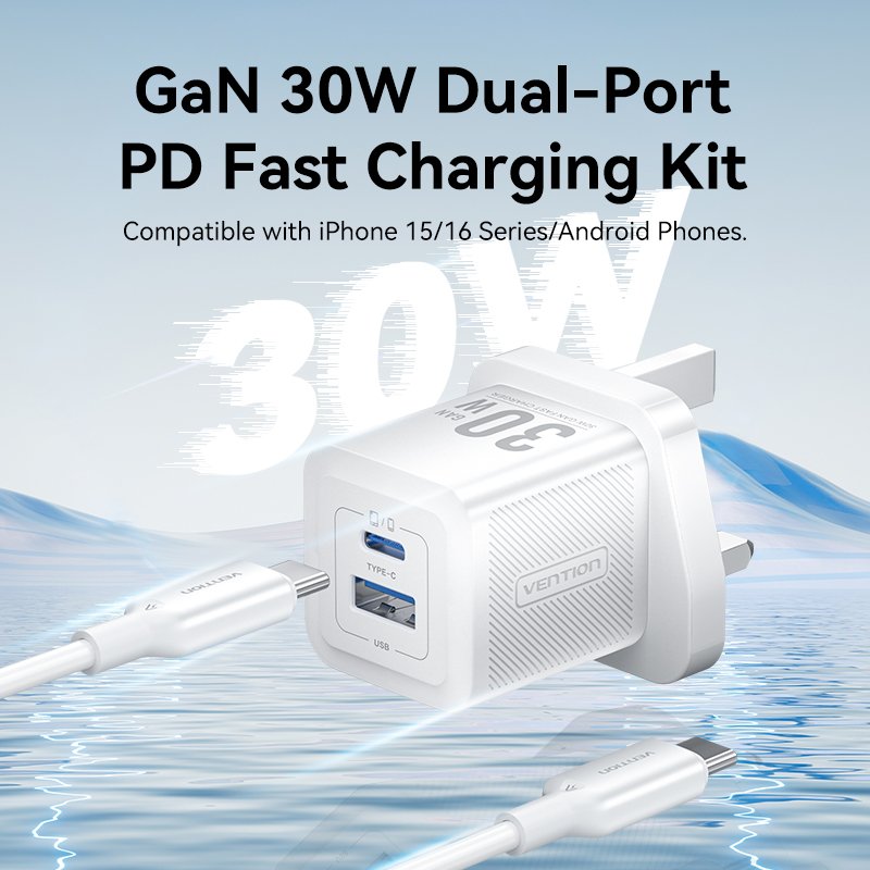Vention Charger Wall GaN 30W 1xA 1xC+USBC Cable White TZ-FEQW0-UK-01