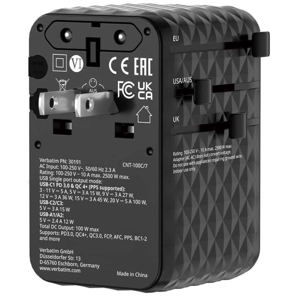 Verbatim Charger Travel Adapter 100W 2xC 2xA 1xRetractable USB-C Black