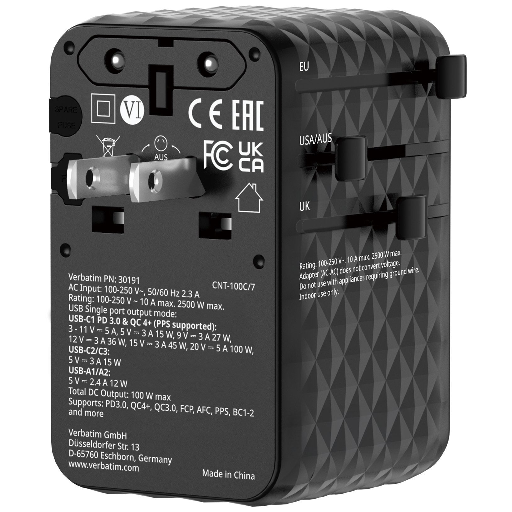 Verbatim Charger Travel Adapter 100W 2xC 2xA 1xRetractable USB-C Black
