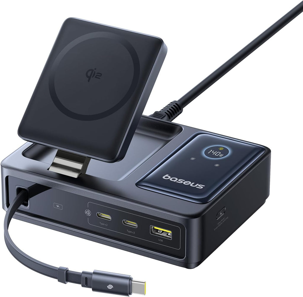 Baseus Charger Desktop 140W Qi2 3C+U NOMOS 5-in-1 Wireless+Retractable+Display UK