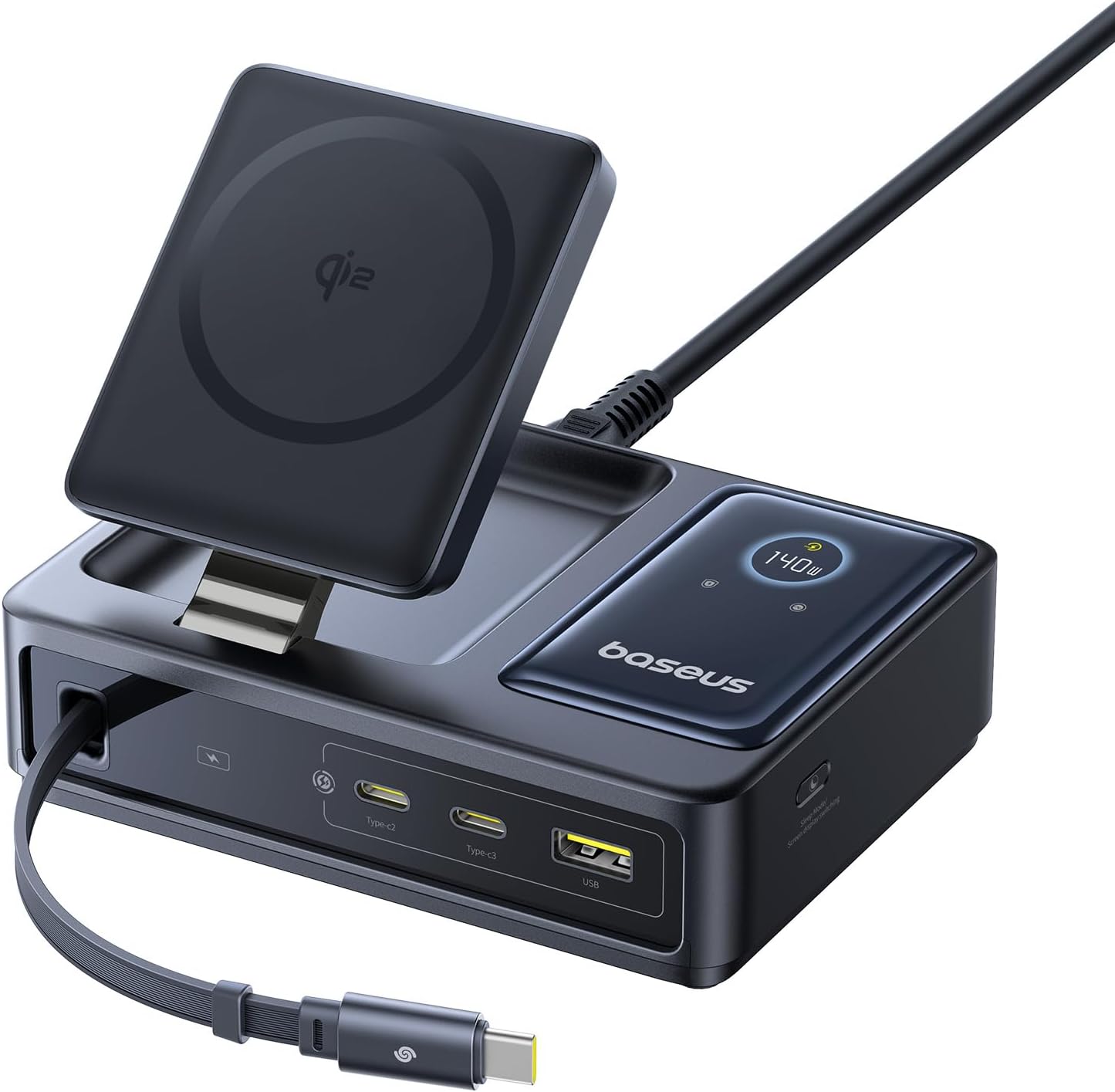 Baseus Charger Desktop 140W Qi2 3C+U NOMOS 5-in-1 Wireless+Retractable+Display UK