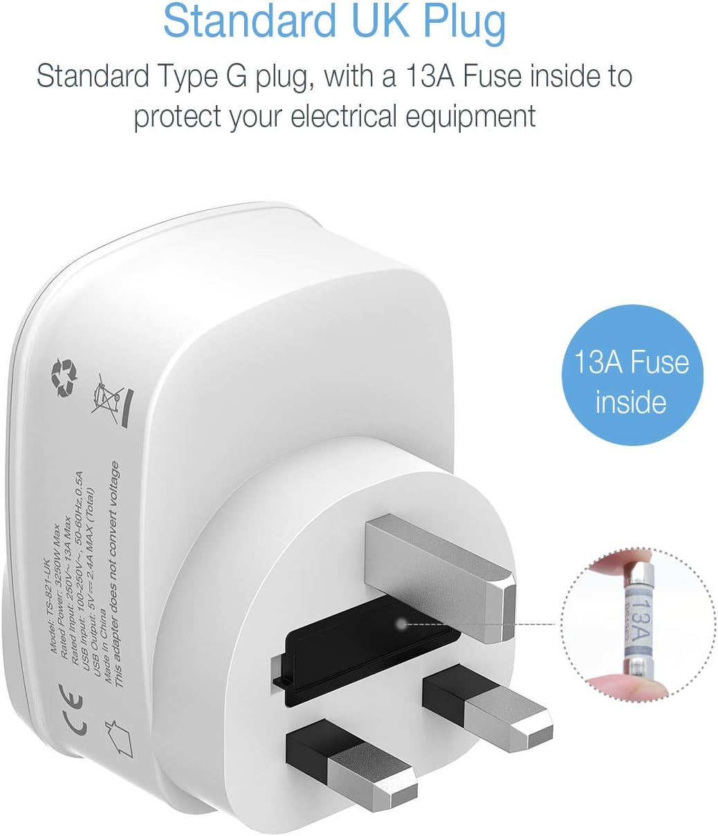 Tessan Gang plug Through UK Charger 2 USB A 13A TS-821-UK