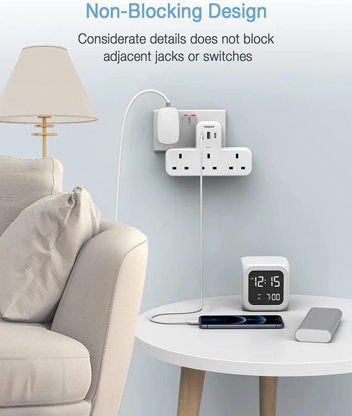 Tessan 3-Gang plug Through UK Charger 2 USB A USB C 13A TS-223-C