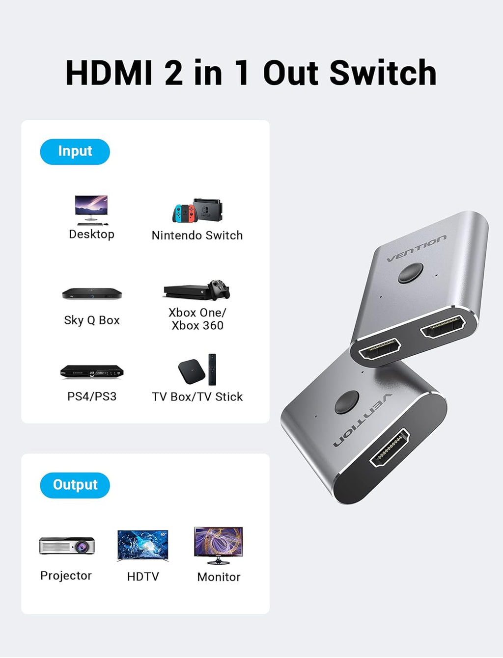 Vention HDMI Switch 2-Port 4K 2.0 Bi-Directional Metal AFUH0