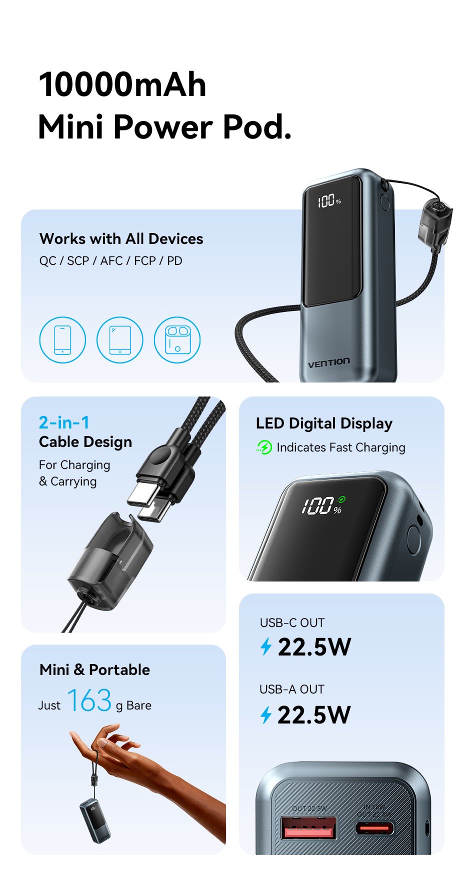 Vention Powerbank 10000mAh 22.5W Built-in USB-C Lanyard + Display FKOH0