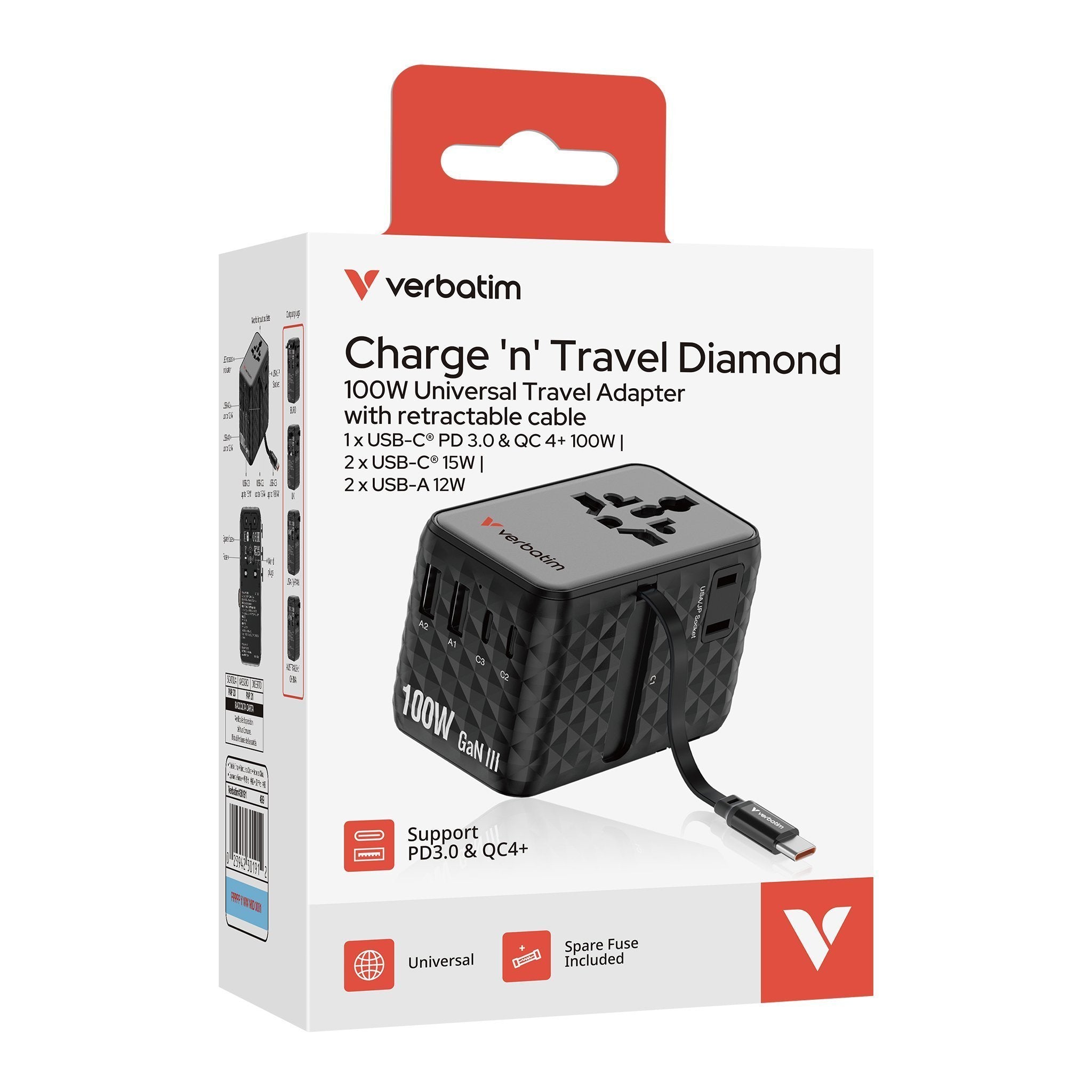 Verbatim Charger Travel Adapter 100W 2xC 2xA 1xRetractable USB-C Black
