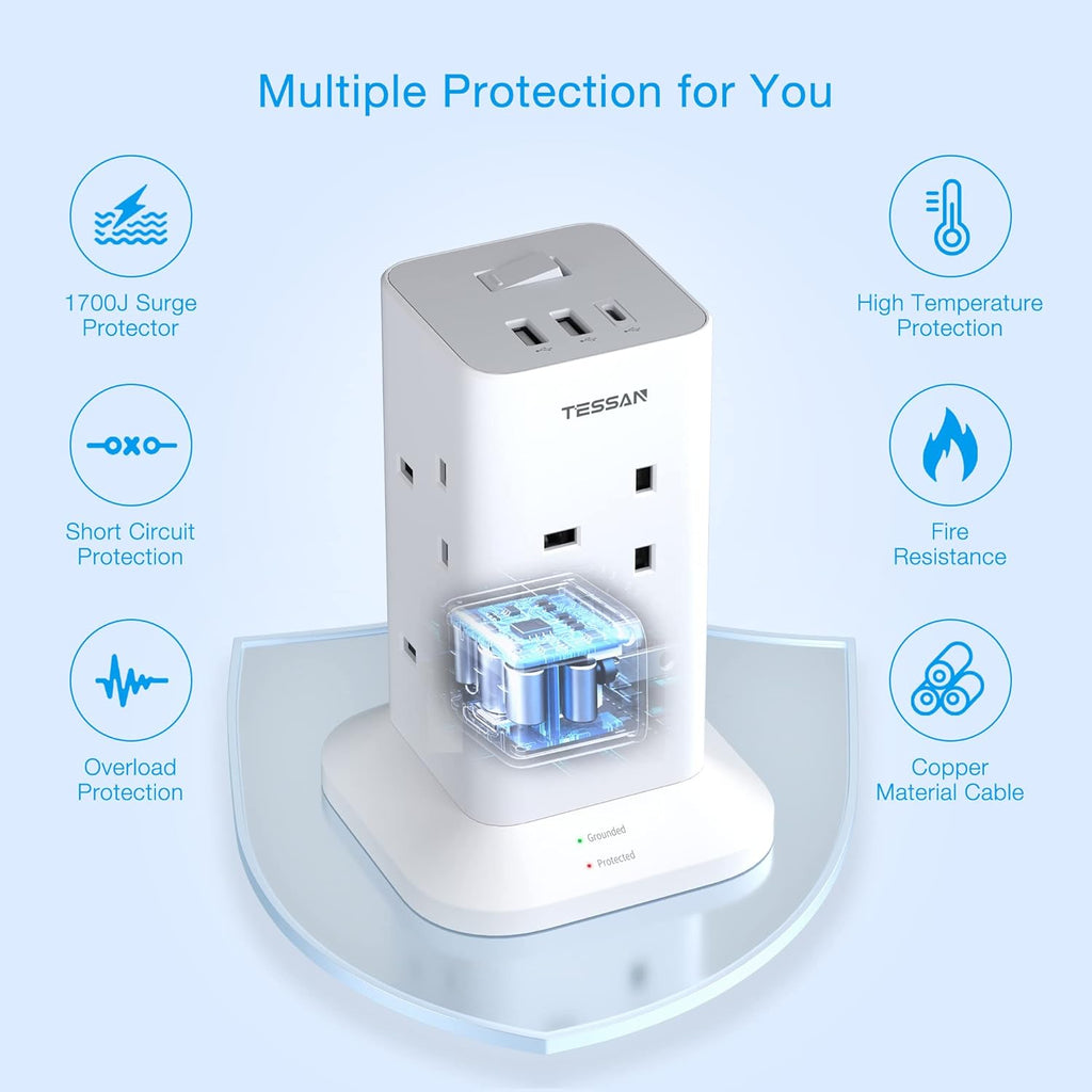 Tessan 8-Gang Extension 2 USB-A USB C 2m 13A TPS03-UK-C