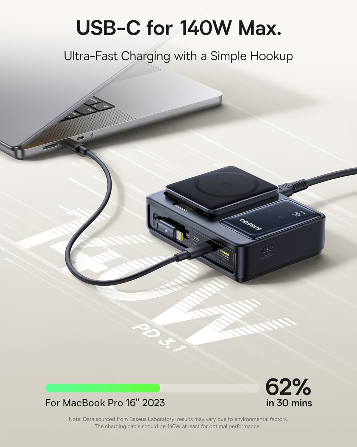 Baseus Charger Desktop 140W Qi2 3C+U NOMOS 5-in-1 Wireless+Retractable+Display UK