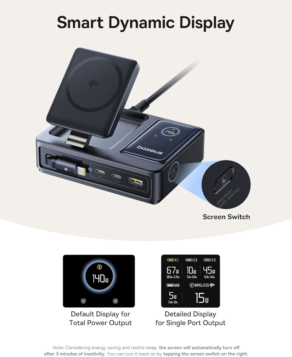 Baseus Charger Desktop 140W Qi2 3C+U NOMOS 5-in-1 Wireless+Retractable+Display UK
