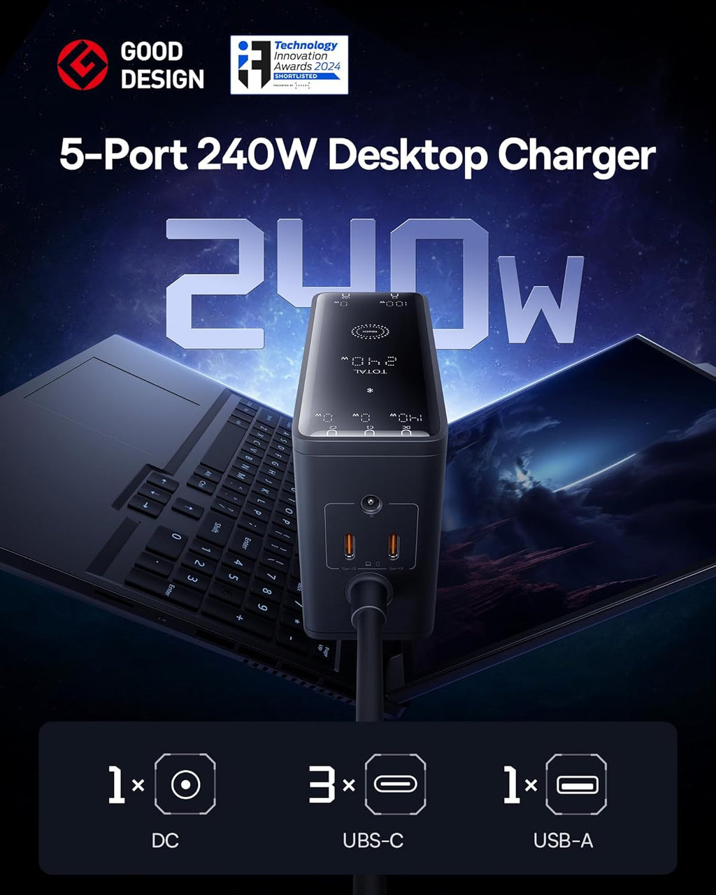 Baseus Charger Desktop 240W 3C+U+DC EU incl Charging Cable 240W 1.0m