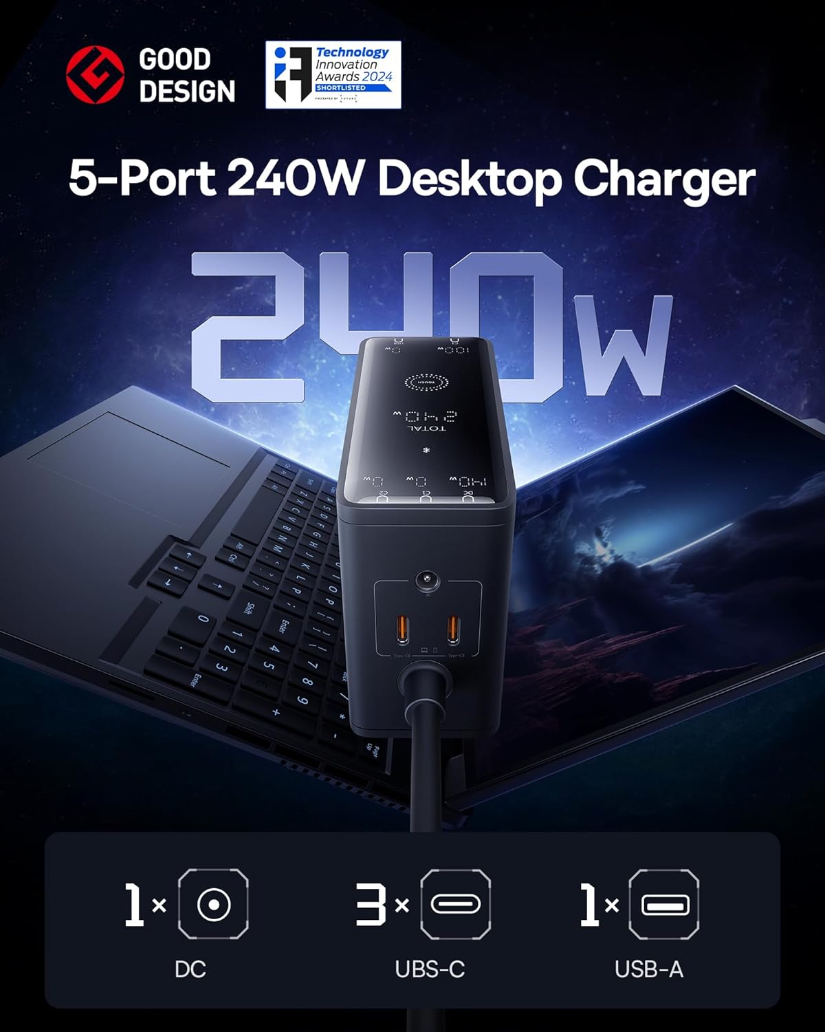 Baseus Charger Desktop 240W 3C+U+DC EU incl Charging Cable 240W 1.0m