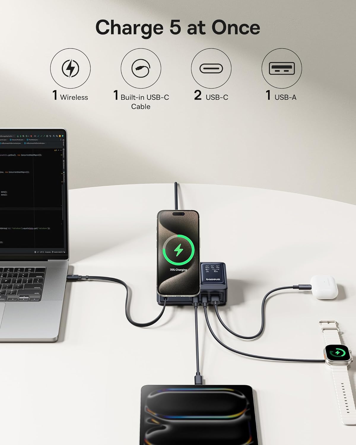 Baseus Charger Desktop 140W Qi2 3C+U NOMOS 5-in-1 Wireless+Retractable+Display UK