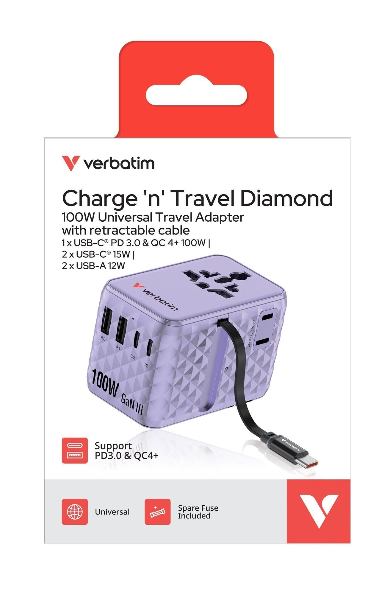 Verbatim Charger Travel Adapter 100W 2xC 2xA 1xRetractable USB-C Purple