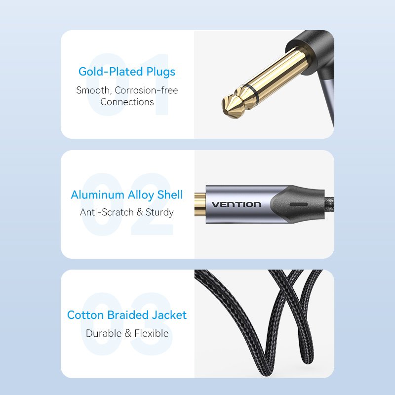 Vention AUDIO 6.3mm M to 6.3mm M Right Angle Braided-Metal 3.0m BKEHI