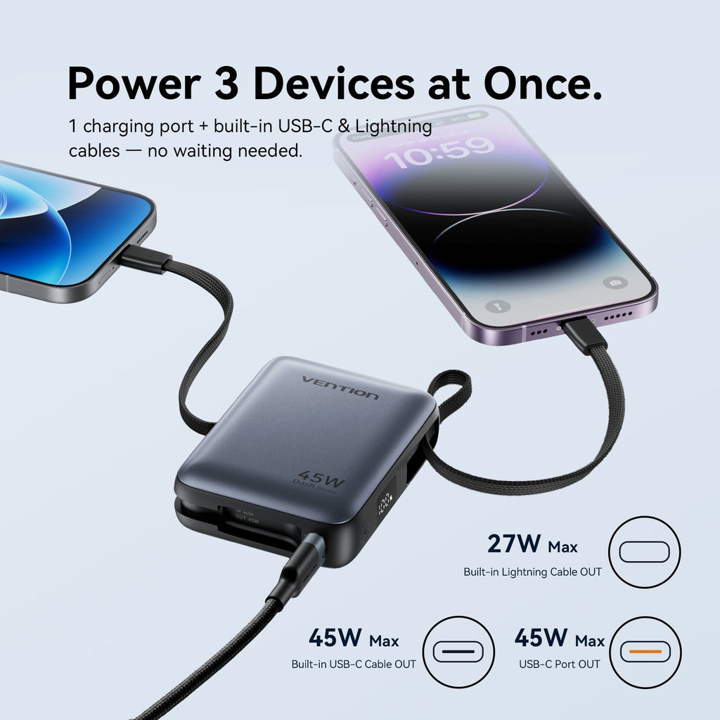 Vention Powerbank 10000mAh 45W Built-in USB-C & Lightning Cables FKMN0 Beige