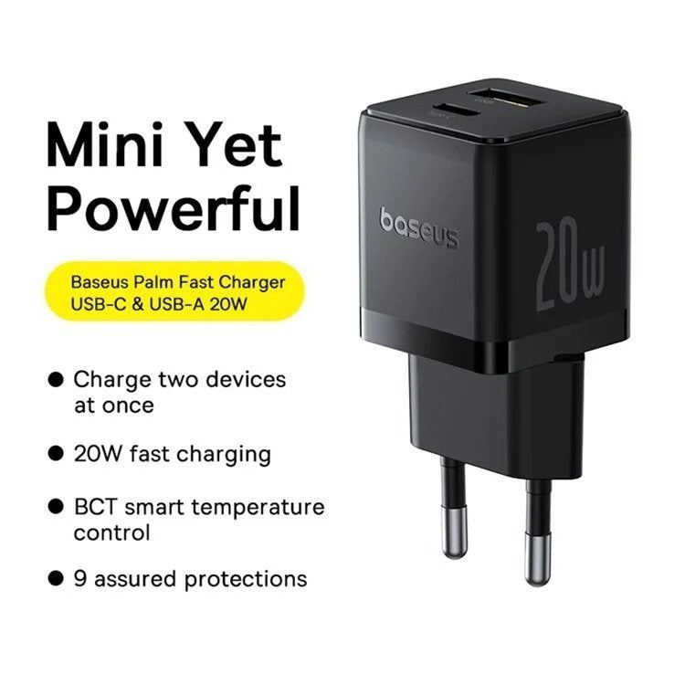 Baseus Charger Wall 20W USB-C/USB-A PALM Series EU Black