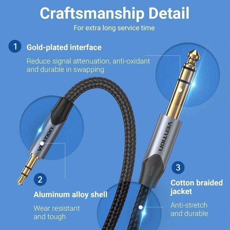 Vention AUDIO 3.5mm to 6.3mm M-M TRS Cable Braided Alum 5.0m BAUHJ