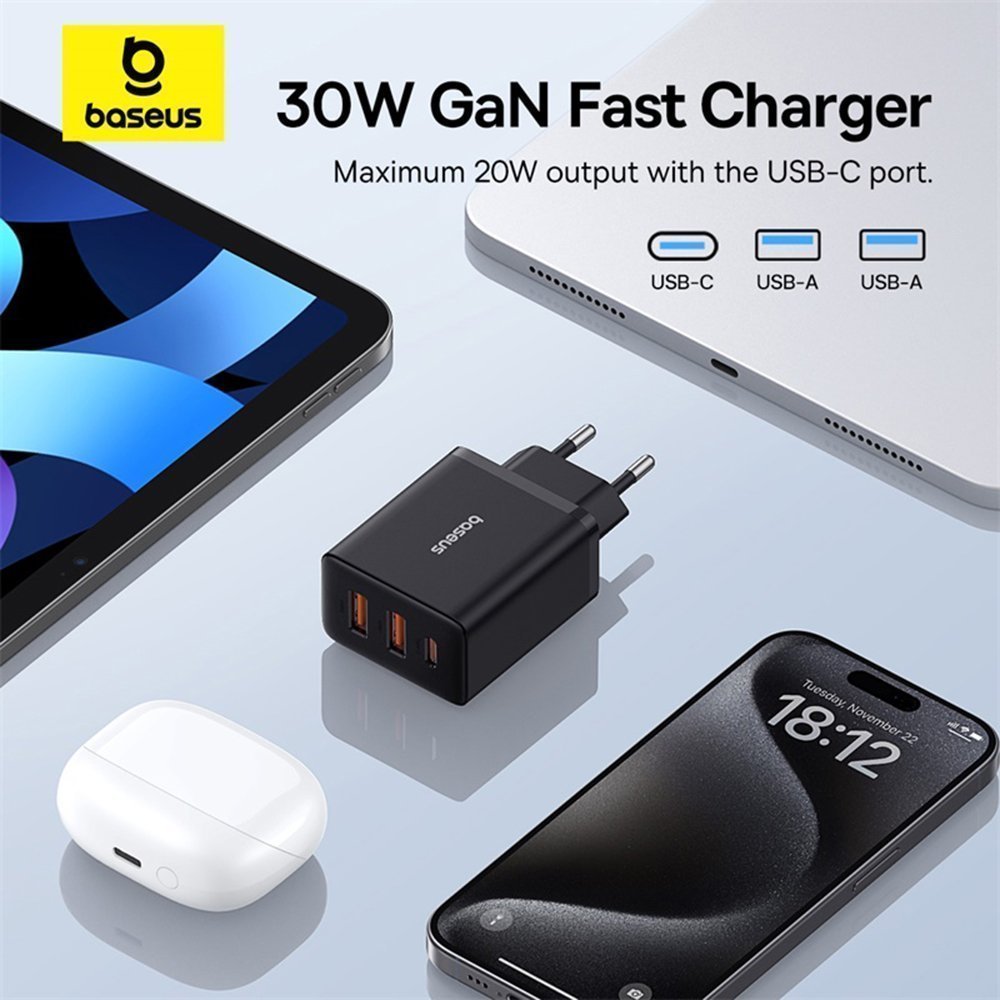 Baseus Charger Wall 30W 2xUSB-A/1xUSB-C Cube EU Black