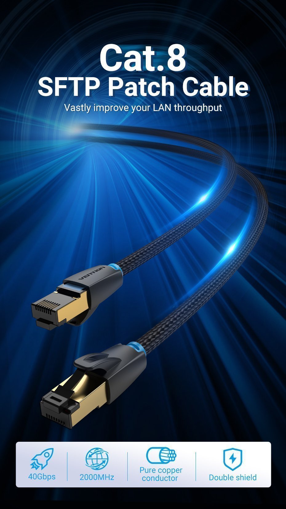 Vention NETWORK Cable CAT8 SFTP Braided 1.5m Black IKGBG