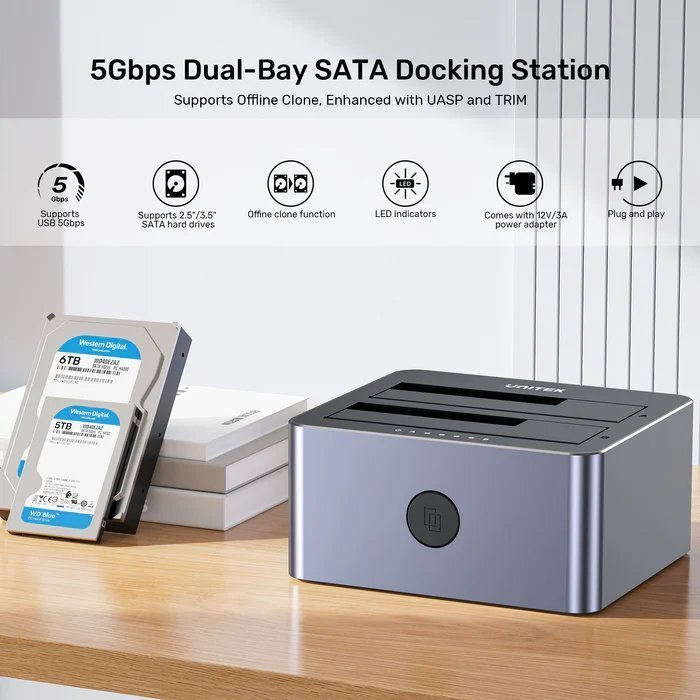 Unitek SATA6G Dual Bay HDD Docking Station Alum Black Y-3026