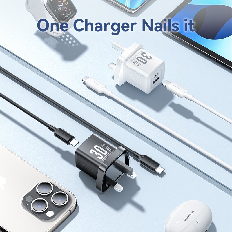 Vention Charger Wall GaN 30W 1xA 1xC+USBC Cable Black TZ-FEQB0-UK-01