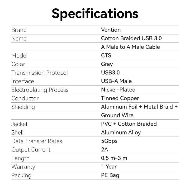 Vention Cable USB-A 3.0 M-M Braided 1.5m CTSHG