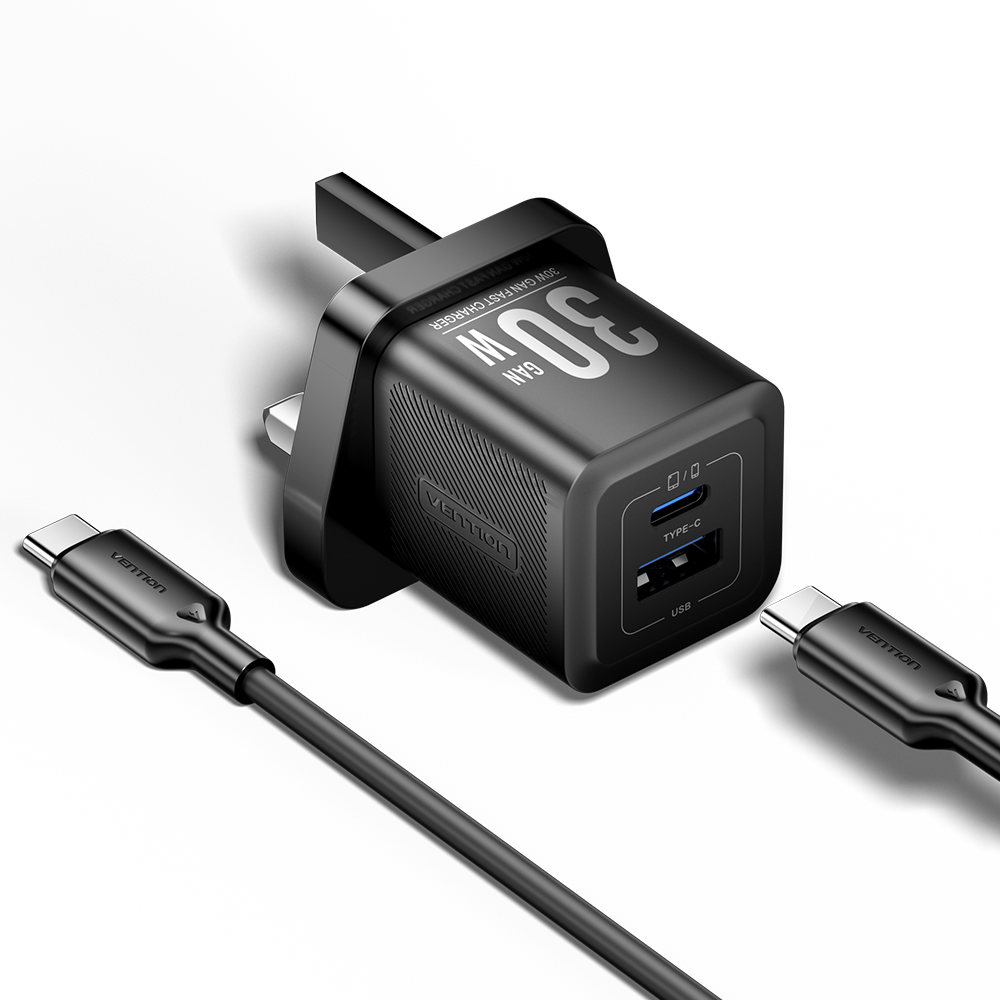 Vention Charger Wall GaN 30W 1xA 1xC+USBC Cable Black TZ-FEQB0-UK-01