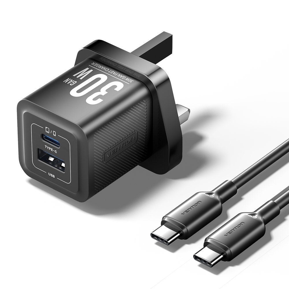 Vention Charger Wall GaN 30W 1xA 1xC+USBC Cable Black TZ-FEQB0-UK-01