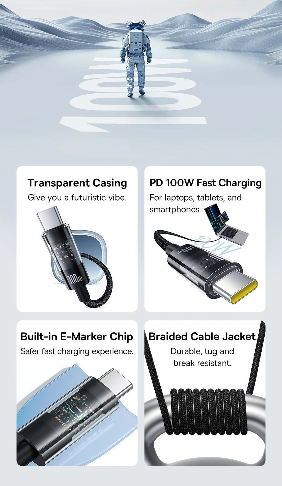 Baseus Cable USB-C to USB-C Gem Series 100W 1.0m Black