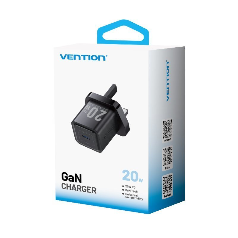 Vention Charger Wall GaN 20W 1xUSBC UK-Plug Mini Black FEPB0-UK