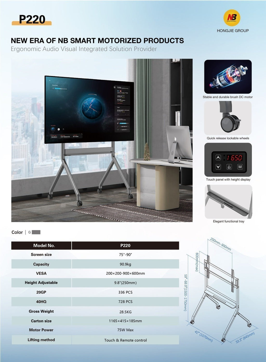 NBMounts P220 Motorized TV Trolley up to 90” 1.75m 90kg with Wireless Remote & Touchpad