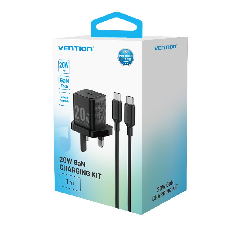 Vention Charger Wall GaN 20W 1xUSBC UK + USB-C 1m Cable Black FEPB0-UK-01