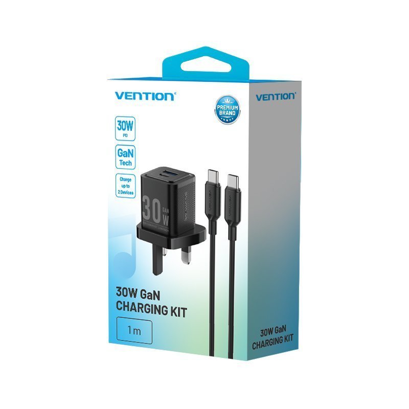Vention Charger Wall GaN 30W 1xA 1xC+USBC Cable Black TZ-FEQB0-UK-01