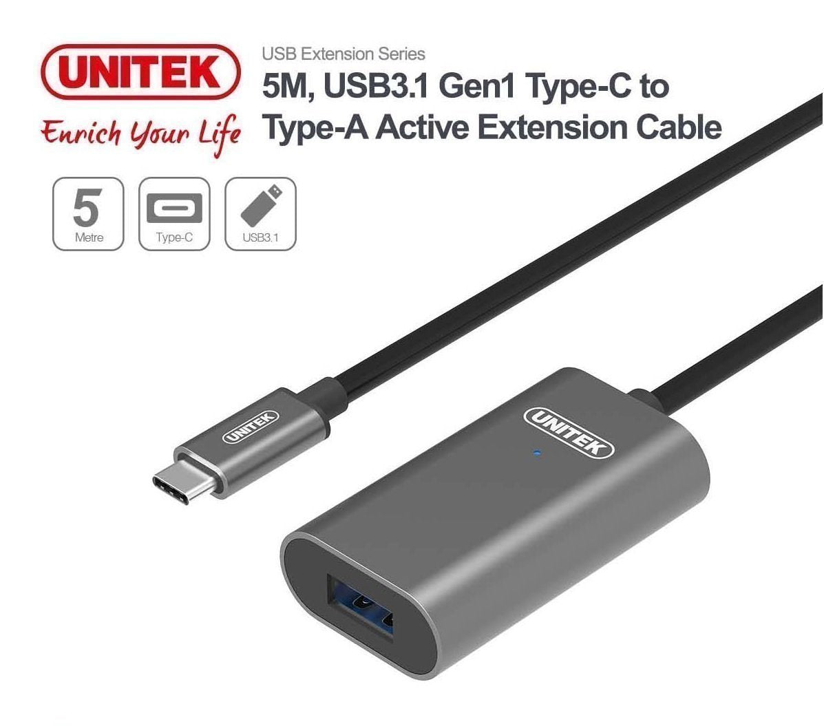Unitek U304A USB3.1 USB-C Male to USB-A Female Active Extension Cable 5m