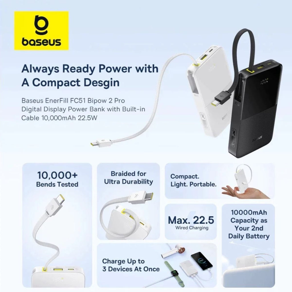 Baseus EnerFill FC51 Bipow2 Pro Powerbank 10000mAh 22.5W με Οθόνη, Λευκό