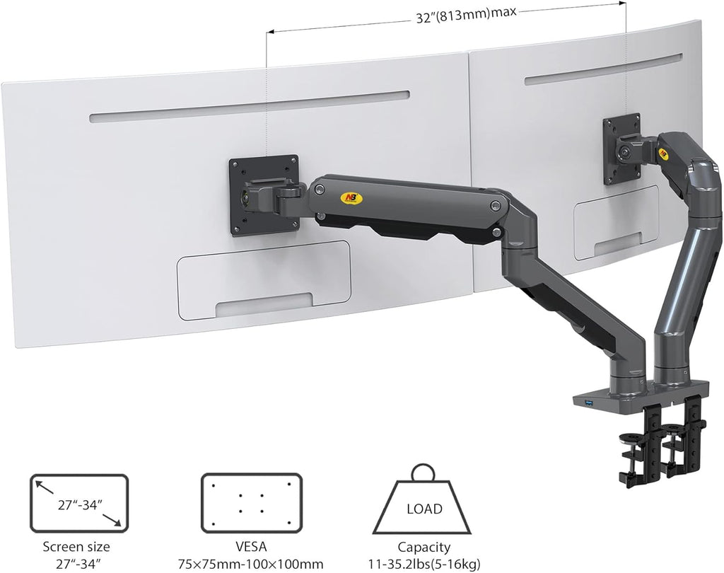 NBMounts G65 Dual Arm Heavy Duty Gas Desk Monitor Mount