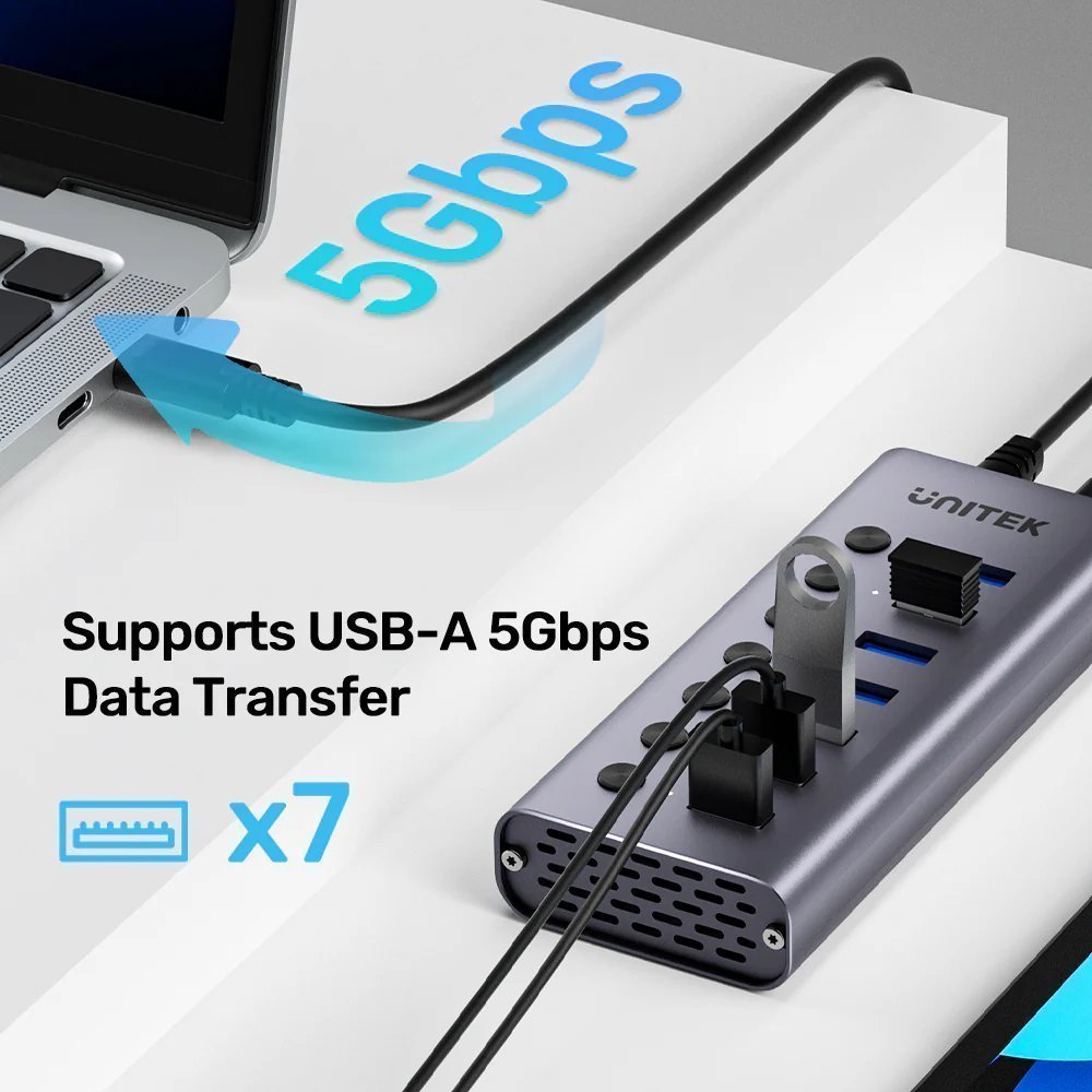 Unitek USB-C Hub 7xUSB-A Power Switch 12V2A H1314A