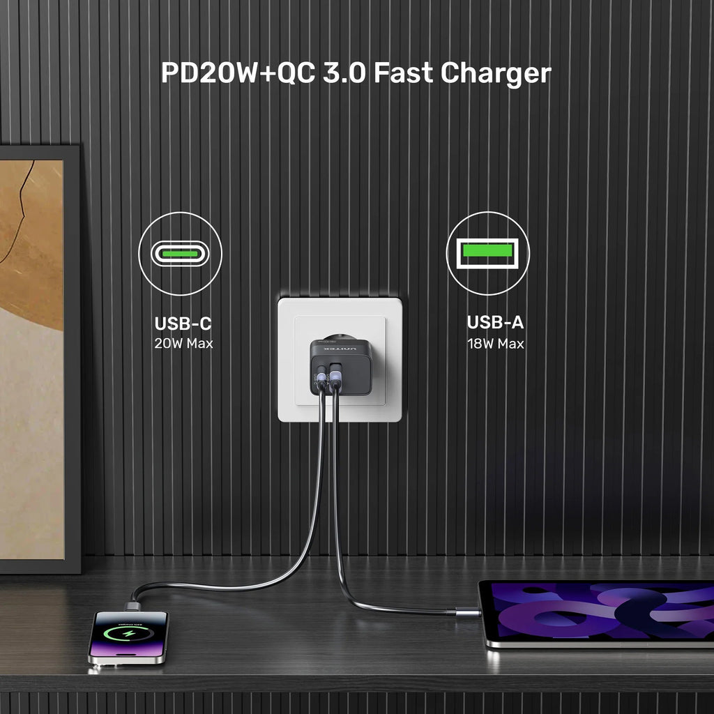 Unitek Charge Wall 20W USB-C PD & QC 3.0 UK Black P1124ABK