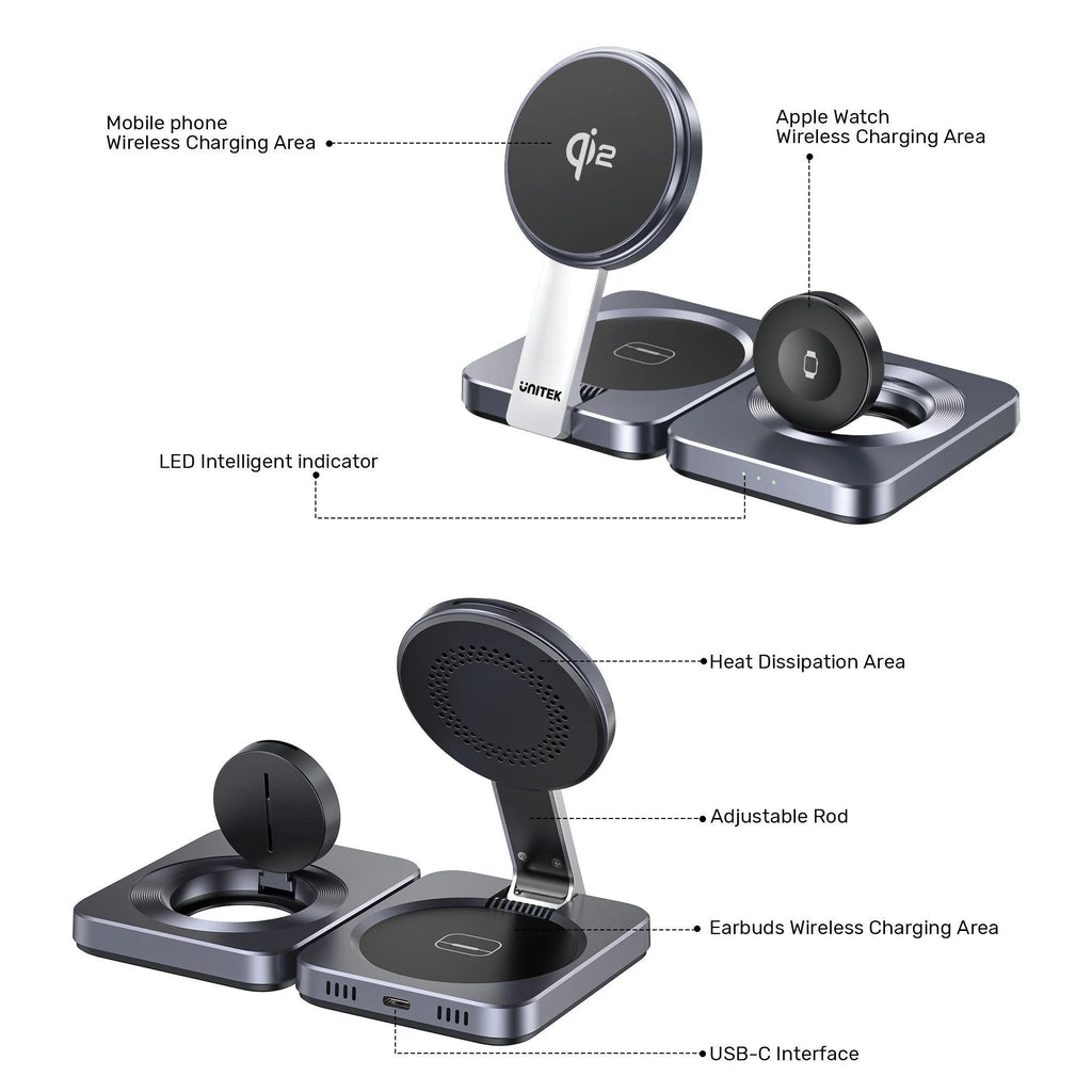 Unitek Charge Wireless Qi2 15W Foldable 3-in-1 Charging Station P1300A