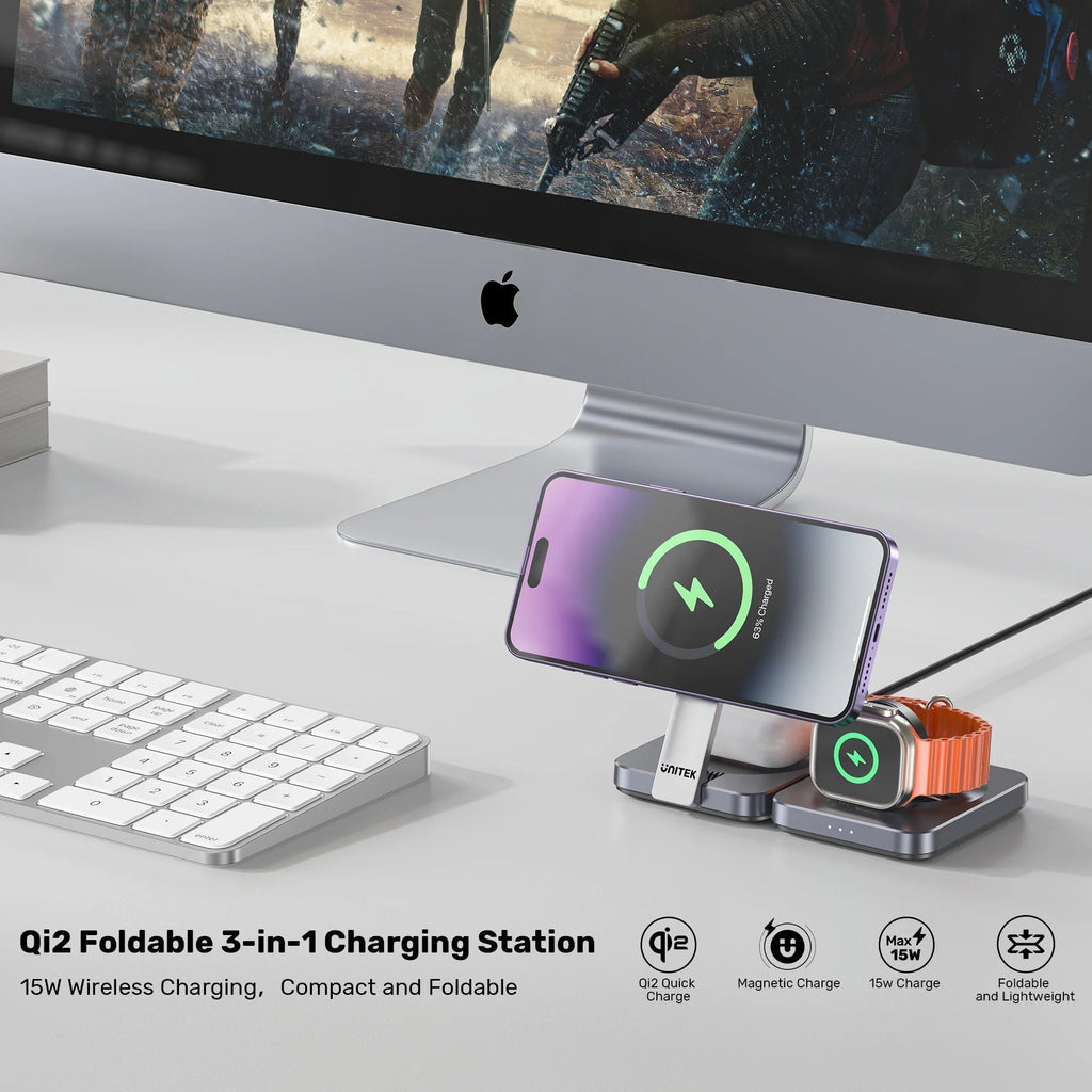 Unitek Charge Wireless Qi2 15W Foldable 3-in-1 Charging Station P1300A