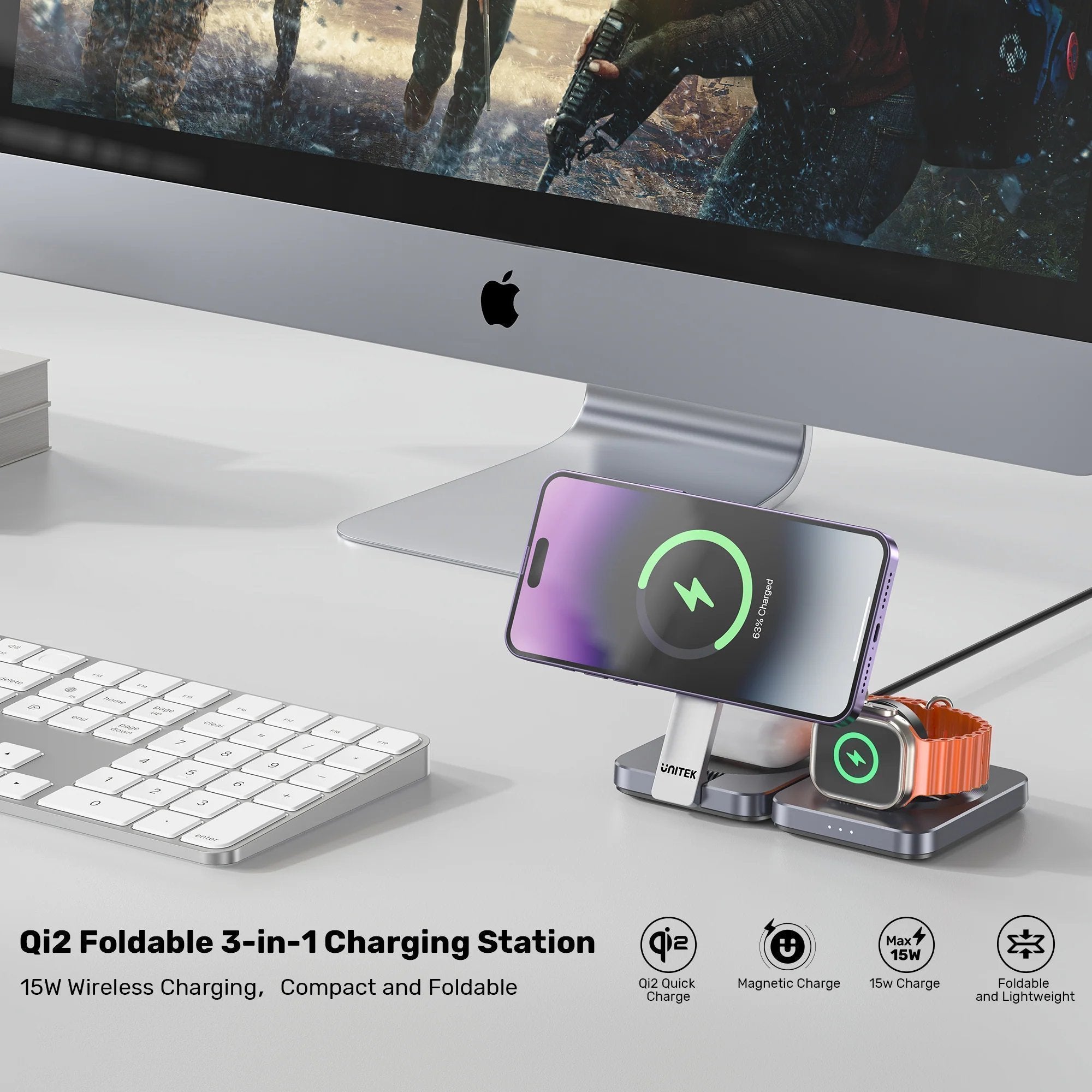Unitek Charge Wireless Qi2 15W Foldable 3-in-1 Charging Station P1300A
