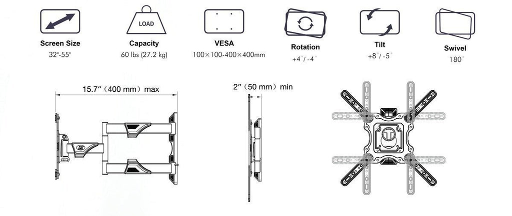 NBMounts P4 Double Arm Mount 40×40 32-55” 40cm extension
