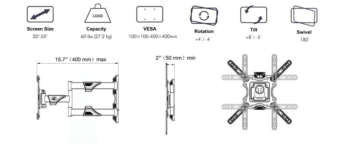 NBMounts P4 Double Arm Mount 40×40 32-55” 40cm extension