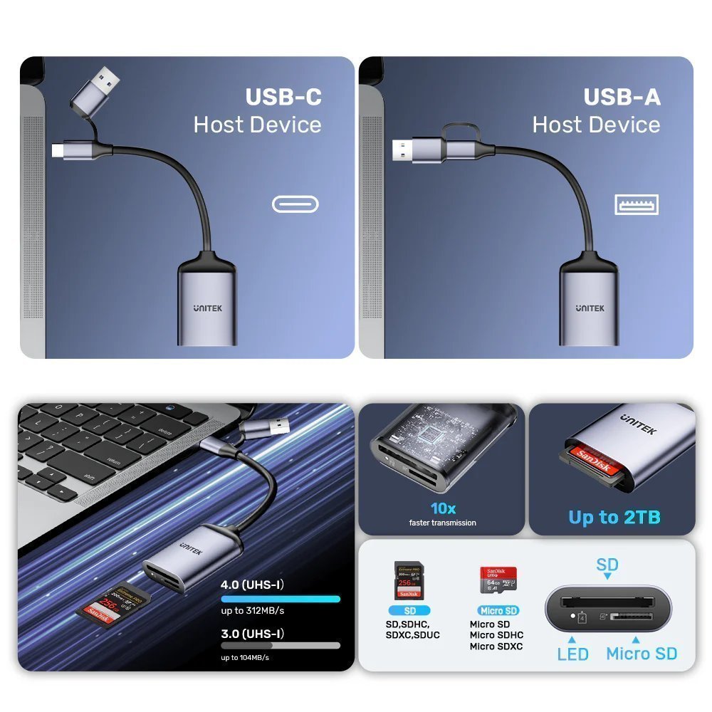 Unitek Card Reader USB A/C Supports SD/Micro SD 4.0 R1018E