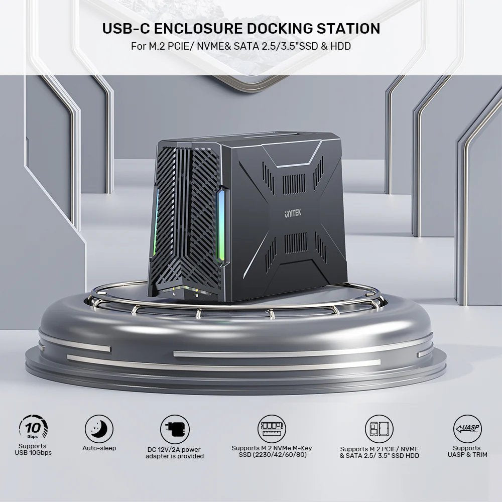 Unitek USB-C NVME/PCIe/SATA/HDD 10Gbps RGB Docking Station S1234B