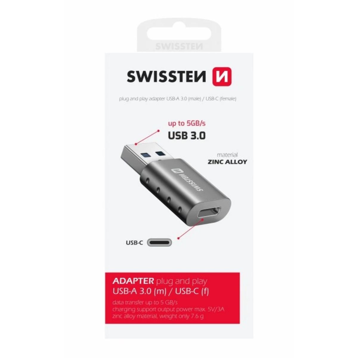 SWISSTEN OTG Adapter USB-A σε USB-C με Υποστήριξη Υψηλής Ταχύτητας Μεταφοράς Δεδομένων