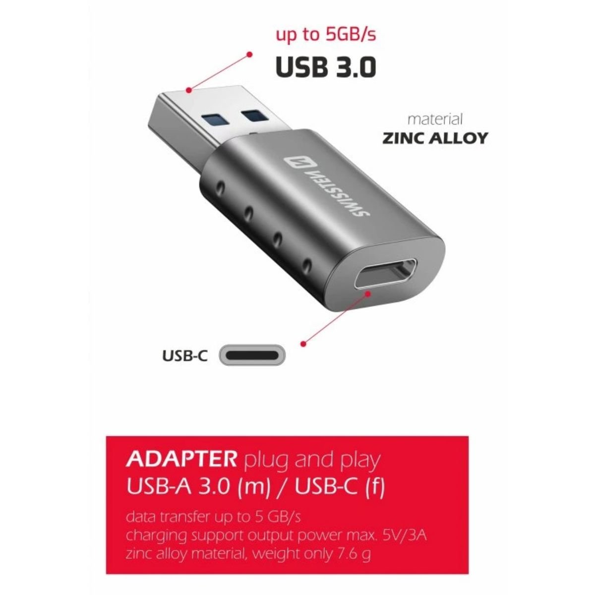 SWISSTEN OTG Adapter USB-A σε USB-C με Υποστήριξη Υψηλής Ταχύτητας Μεταφοράς Δεδομένων
