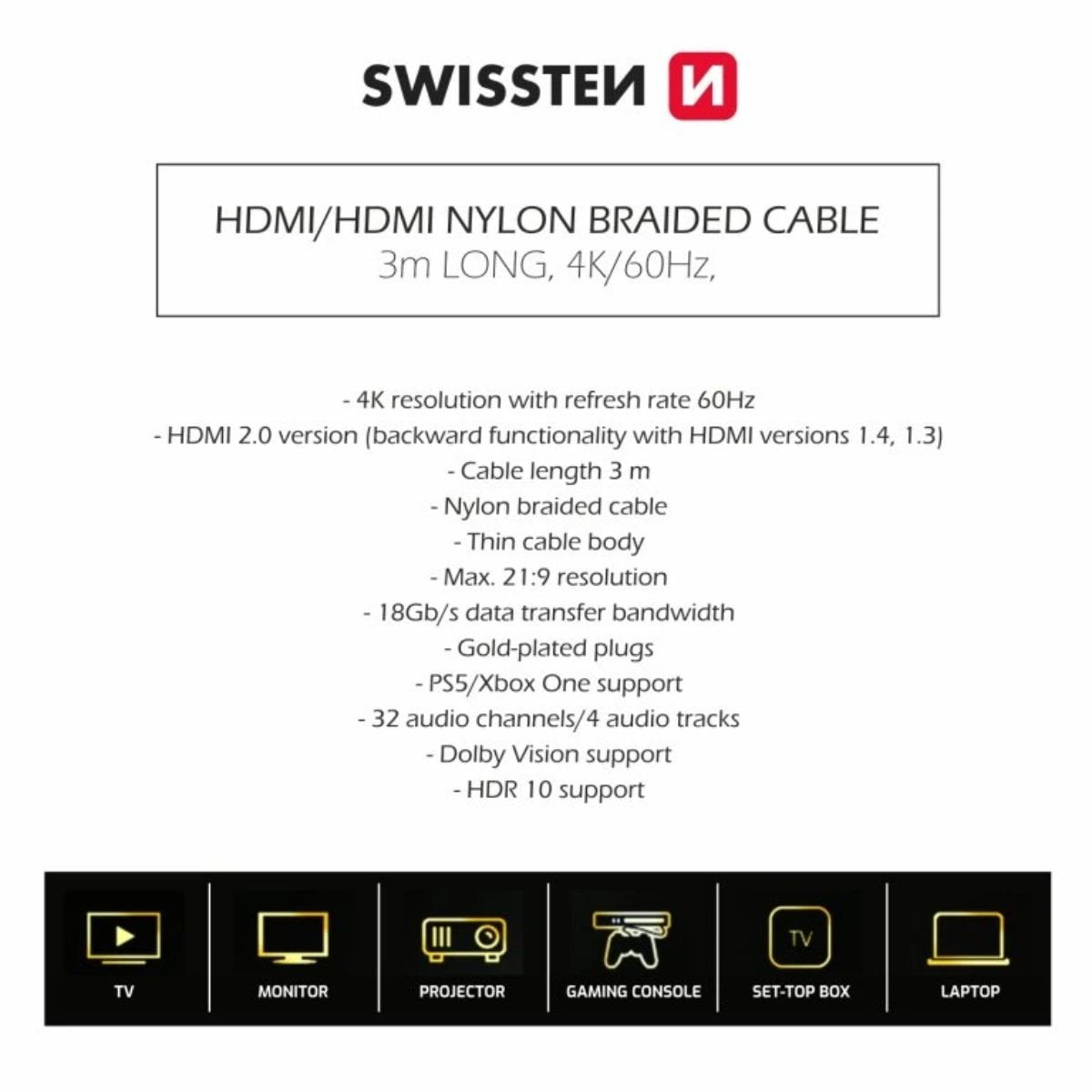 Swissten Καλώδιο HDMI 2.0 4K/60Hz Braided με Gold Plated Βύσματα 3m 75501103